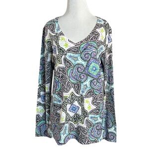 Before + Again Multicolor Patterned Long Sleeve V Neck Top Tee Size Medium